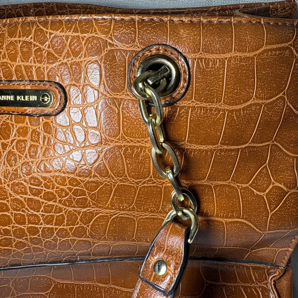 Anne Klein Cognac Brown Croc Embossed Tote‎ Bag Gold Chain Zebra Print Lining